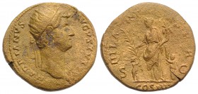 Hadrian (117-138). Æ Dupondius (27mm, 12.44g, 6h). Rome, 134-8. Radiate head r. R/ Hilaritas standing l., holding long palm branch and cornucopia; to ...