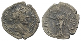 Antoninus Pius (138-161). AR Denarius (17.5mm, 3.40g, 6h). Rome, 143-4. Laureate head r. R/ Victory standing l., holding wreath and palm frond. RIC II...