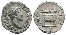 Antoninus Pius (138-161). AR Denarius (19mm, 3.08g, 6h). Rome, 145-7. Laureate head r. R/ COS IIII, winged thunderbolt on draped throne. RIC III 137; ...