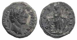 Antoninus Pius (138-161). AR Denarius (18mm, 3.06g, 6h). Rome, 148-9. Laureate head r. R/ Annona standing l. holding corn ears and anchor; modius to l...