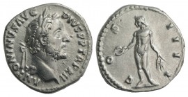 Antoninus Pius (138-161). AR Denarius (17mm, 3.39g, 6h). Rome, 148-9. Laureate head r. R/ Genius standing l., holding patera and two grain ears. RIC I...