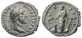 Antoninus Pius (138-161). AR Denarius (18mm, 3.21g, 6h). Rome, 148-9. Laureate head r. R/ Salus standing l., feeding snake coiled round altar and hold...