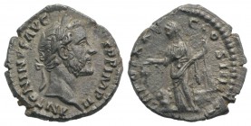 Antoninus Pius (138-161). AR Denarius (16mm, 2.67g, 12h). Rome, 157-8. Laureate head r. R/ Annona standing l., holding rudder on prow and grain ears o...