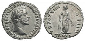 Antoninus Pius (138-161). AR Denarius (17mm, 3.42g, 6h). Rome, 150-1. Laureate head r. R/ Tranquillitas standing r., holding rudder and grain ears. RI...