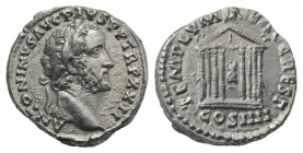Antoninus Pius (138-161). AR Denarius (16mm, 3.59g, 6h). Rome, AD 159. Laureate head r. R/ Octastyle temple within which are seated the figures of Div...