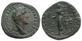 Antoninus Pius (138-161). Æ Sestertius (33mm, 27.67g, 12h). Rome, c. 141-3. Laureate and draped bust r. R/ Concordia standing l., holding Victory and ...