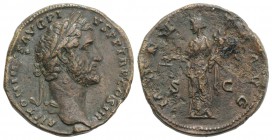 Antoninus Pius (138-161). Æ Sestertius (32mm, 22.53g, 6h). Rome, c. 141-3. Laureate head r. R/ Moneta standing l., holding scales and cornucopia. RIC ...