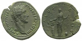 Antoninus Pius (138-161). Æ Sestertius (35mm, 22.55g, 11h). Rome, c. 141-3. Laureate head r. R/ Salus standing facing, head l., feeding serpent arisin...