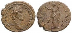 Antoninus Pius (138-161). Æ As (29mm, 11.50g, 6h). Rome, 140-4. Laureate head r. R/ Felicitas standing l., holding caduceus and branch. RIC III 679. B...