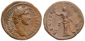 Antoninus Pius (138-161). Æ As (29mm, 9.87g, 6h). Rome, 140-4. Laureate head r. R/ Felicitas standing l., holding caduceus and branch. RIC III 679. Br...