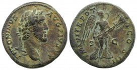 Antoninus Pius (138-161). Æ Sestertius (32mm, 29.02g, 12h). Rome, 143-4. Laureate head r. R/ Victory advancing r., holding trophy. RIC III 715. Green ...