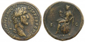 Antoninus Pius (138-161). Æ Sestertius (34mm, 27.60g, 12h). Rome, c. 141-3. Laureate head r. R/ Italia, wearing towered crown, holding cornucopia and ...