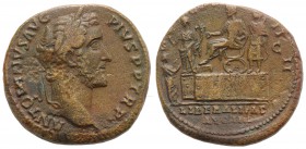Antoninus Pius (138-161). Æ Sestertius (31mm, 25.43g, 12h). Rome, 145-7. Laureate head r. R/ Emperor seated l. on daïs; before, Liberalitas standing l...