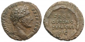 Antoninus Pius (138-161). Æ As (25mm, 9.71g, 6h). Rome, AD 147. Laureate head r. R/ S P Q R/ OPTIMO/ PRINCIPI/ S C in four lines within oak wreath. RI...