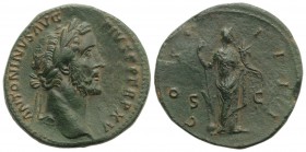 Antoninus Pius (138-161). Æ Sestertius (32mm, 23.52g, 7h). Rome, 151-2. Laureate head r. R/ Fortuna standing r., holding rudder on globe and cornucopi...
