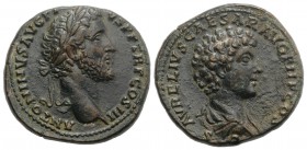 Antoninus Pius and Marcus Aurelius as Caesar (138-161). Æ Sestertius (33mm, 24.97g, 6h). Rome, c. 141-3. Laureate head of Antoninus Pius r. R/ Barehea...
