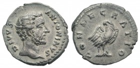 Divus Antoninus Pius (died AD 161). AR Denarius (18mm, 3.23g, 6h). Rome, AD 161. Bare head r. R/ Eagle standing r., head l., with wings spread. RIC II...