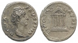 Diva Faustina Senior (died AD 140/1). AR Denarius (18mm, 3.51g, 6h). Rome, 141-161. DIVA FAVSTINA, Draped bust r. R/ DEDICATIO AEDIS, frontal view of ...