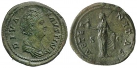 Diva Faustina Senior (died AD 140/1). Æ Sestertius (35mm, 20.78g, 5h). Rome, c. 146-161. Draped bust r. R/ Aeternitas standing l., holding globe surmo...