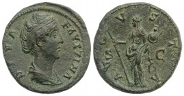 Diva Faustina Senior (died AD 141). Æ Sestertius (31mm, 22.02g, 12h). Draped bust r. R/ Vesta standing l., holding long torch and palladium. RIC III 1...