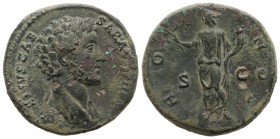 Marcus Aurelius (Caesar, 139-161). Æ Sestertius (31mm, 23.31g, 12h). Rome, 140-4. Bare-headed bust r., slight drapery on far shoulder. R/ Honos standi...