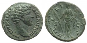 Marcus Aurelius (Caesar, 139-161). Æ As (26mm, 9.37g, 12h). Rome, AD 145. Bare head r. R/ Hilaritas standing facing, head l., holding palm frond and c...