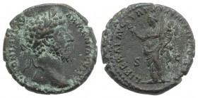 Marcus Aurelius (161-180). Æ As (25mm, 10.13g, 6h). Rome, 164-5. Laureate head r. R/ Liberalitas standing facing, head l., holding abacus and cornucop...