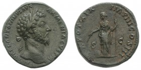 Marcus Aurelius (161-180). Æ Sestertius (32mm, 22.19g, 11h). Rome. Laureate head r. R/ Providentia standing left, holding sceptre and wand over globus...