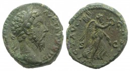 Marcus Aurelius (161-180). Æ As (25mm, 11.34g, 12h). Rome, 169-170. Laureate head r. R/ Victory advancing r., holding trophy and wreath. RIC III 984. ...