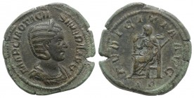 Otacilia Severa (Augusta, 244-249). Æ Sestertius (34mm, 22.74g, 12h). Diademed and draped bust r. R/ Pudicitia seated l., drawing veil from her face a...