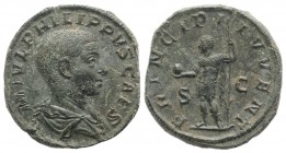 Philip II (Caesar, 244-247). Æ Sestertius (30mm, 17.54g, 12h). Rome, AD 246. Bare-headed and draped bust r. R/ Philip II in military attire, standing ...