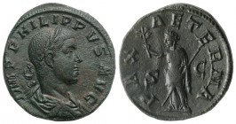 Philip II (247-249). Æ Sestertius (29mm, 21.16g, 12h). Rome, 247-9. Laureate and draped bust r. R/ Pax standing l., holding branch and sceptre. RIC IV...