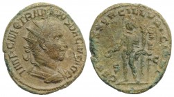 Trajan Decius (249-251). Æ Dupondius (26mm, 9.68g, 6h). Rome, AD 249. Radiate and cuirassed bust r. R/ Genius standing l., holding patera and cornucop...