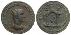 Volusian (251-253). Seleucis and Pieria, Antioch. Æ (30mm, 14.62g, 12h)1. Radiate, draped and cuirassed bust r. R/ Tetrastyle temple, with ram leaping...