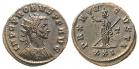Probus (276-282). Radiate (21mm, 3.20g, 12h). Siscia. Radiate and cuirassed bust r. R/ Pax standing facing, holding branch and sceptre; T//XXI. RIC V ...