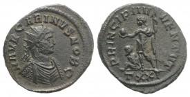 Carinus (Caesar, 282-283). Radiate (23mm, 3.60g, 6h). Ticinum, AD 282. Radiate, draped and cuirassed bust r. R/ Carinus standing l., holding globe and...