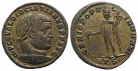 Diocletian (284-305). Æ Follis (27mm, 8.46g, 12h). Heraclea, c. 296-7. Laureate head r. R/ Genius standing l., holding patera and cornucopiae; HTΔ. RI...