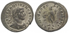 Constantius I (Caesar, 293-305). Æ Follis (28mm, 11.54g, 6h). Lugdunum, AD 298. Laureate, draped and cuirassed bust r. R/ Genius standing l., sacrific...