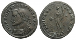 Constantius I (305-306). Æ Follis (29mm, 11.11g, 12h). Lugdunum, 305-7. Laureate and cuirassed bust l. R/ Genius standing l., holding patera and cornu...