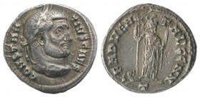 Constantius I (Caesar, 293-305). AR Argenteus (17mm, 2.93g, 6h). Carthage, c. 296-8. Laureate head r. R/ Africa standing facing, head l., holding stan...