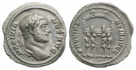 Maximianus (286-305). AR Argenteus (19mm, 3.20g, 12h). Rome, AD 294. Laureate head r. R/ The tetrarchs sacrificing over tripod before city enclosure w...