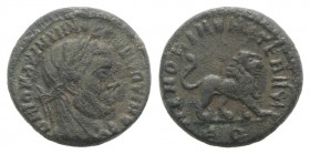 Divus Maximianus (died AD 310). Æ Quarter Follis (14mm, 2.38g, 12h). Rome, 317-8. Laureate and veiled head r. R/ Lion walking r.; RQ. RIC VII 110. Gre...