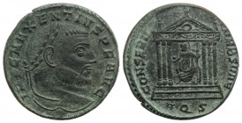 Maxentius (306-312). Æ Follis (26mm, 7.42g, 6h). Aquileia, AD 307. Laureate bust r. R/ Roma seated facing, head l., in hexastyle temple, holding globe...