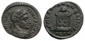 Constantine I (307/310-337). Æ Follis (19mm, 2.63g, 6h). Londinium, 322-3. Laureate bust r., wearing trabea and holding eagle-tipped sceptre. R/ Globe...