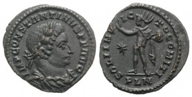 Constantine I (307/310-337). Æ Follis (21.5mm, 3.19g, 6h). Londinium, 312-3. Laureate, draped and cuirassed bust r. R/ Sol standing l., r. hand raised...