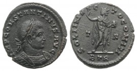 Constantine I (307/310-337). Æ Follis (19mm, 3.19g, 6h). Treveri, 317-8. Laureate and cuirassed bust r. R/ Sol standing l., raising hand and holding g...