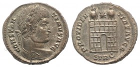 Constantine I (307-337). Æ Follis (19mm, 3.39g, 6h). Treveri, AD 326. Laureate head r. R/ Two-towered camp gate, star above; STR-pellet within crescen...