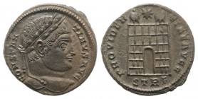 Constantine I (307-337). Æ Follis (19mm, 3.39g, 6h). Treveri, 327-8. Laureate head r. R/ Two-towered camp gate, star above; STRF. RIC VII 504. Silvere...