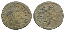 Constantine I (307/310-337). Æ Half Follis (15mm, 1.33g, 12h). Rome, AD 313. Bare head r. R/ Mars advancing r., head l., holding trophy over shoulder,...