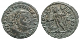 Licinius I (308-324). Æ Follis (20.5mm, 3.19g, 12h). Siscia, 313-5. Laureate head r. R/ Jupiter standing l., holding globe surmounted by Victory, lean...
